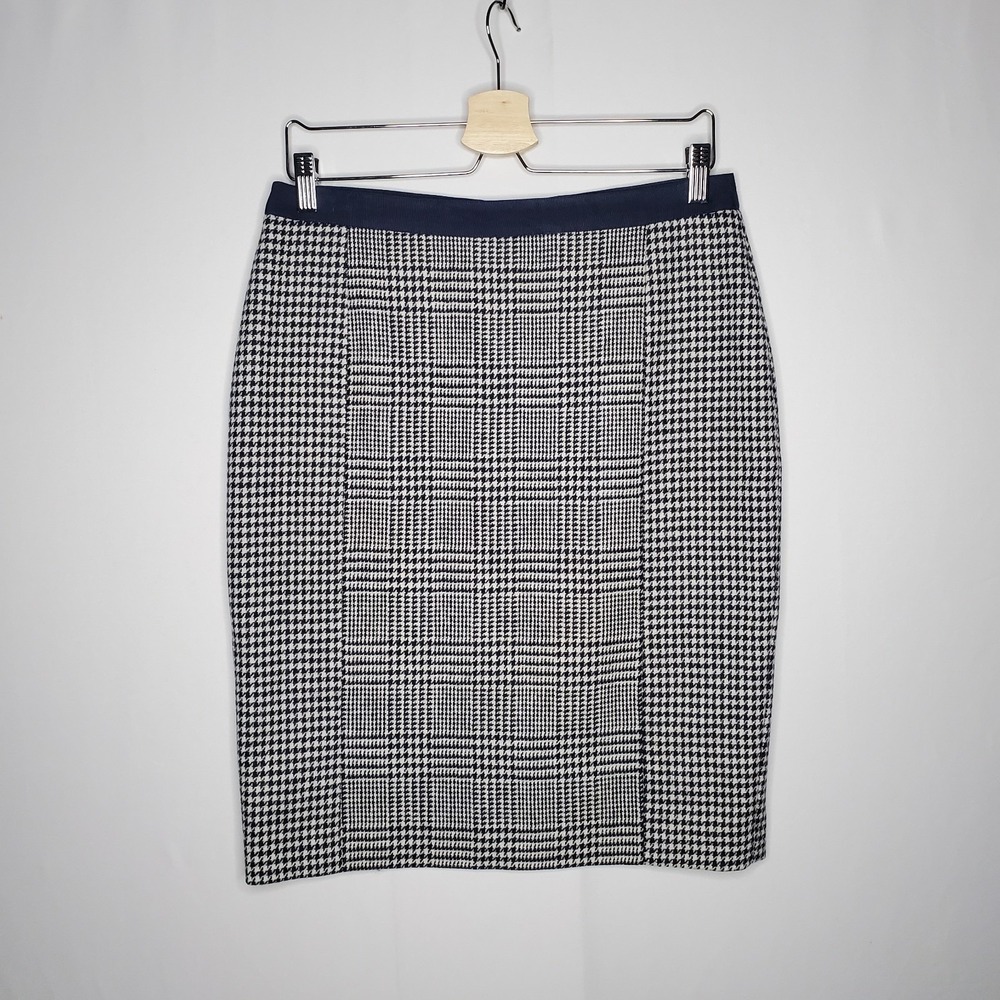 Boden British Tweed Wool Mini Skirt 8 Navy White Plaid Pencil Straight Office